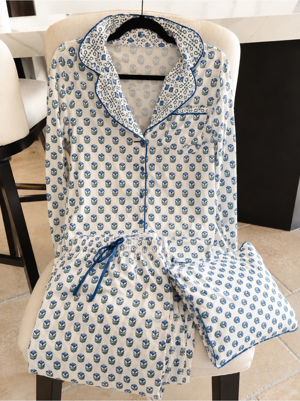 Unk Blue & White Printed Cotton Pajama Set with Pillowcase